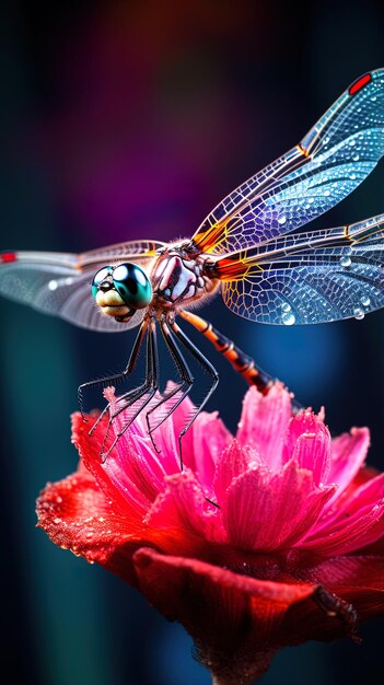 libélula com asas azuis e uma flor vermelha ao fundo