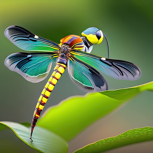 Libélula descansando em folha de grama verde Libélula na arte digital do caule da planta aquática