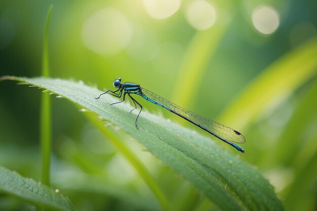 Libélula descansando en la hoja de hierba con fondo de naturaleza de bokeh verde