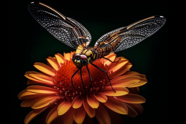 Una libélula está sobre una flor con un fondo negro.