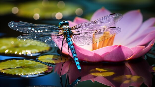 libélula en una flor con agua y flores en el fondo