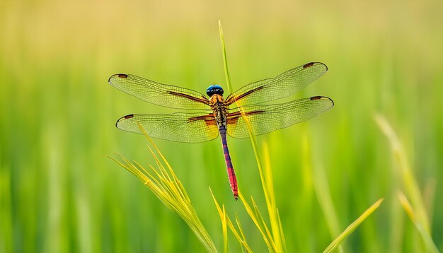 Foto una libélula está en una flor amarilla en la hierba