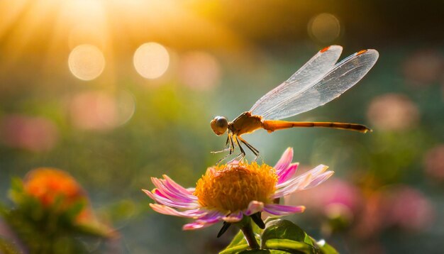 Foto libélula en una flor blanca en los rayos del sol poniente