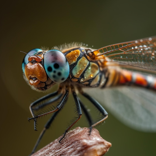 Foto una libélula con ojos azules y naranjas y puntos negros.