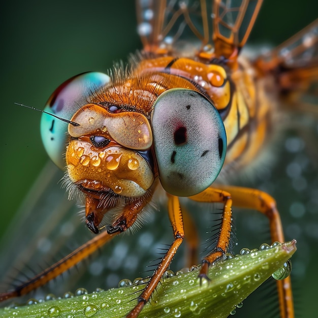 Una libélula con ojos azules y ojos verdes está sobre una hoja.