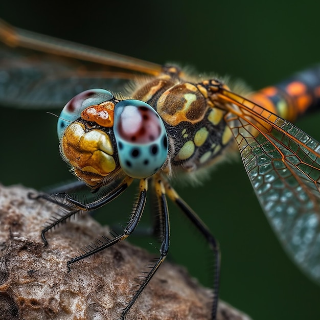 Una libélula con ojos rojos y azules y marcas rojas.