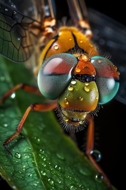 Una libélula con ojos verdes y naranjas se sienta en una hoja.