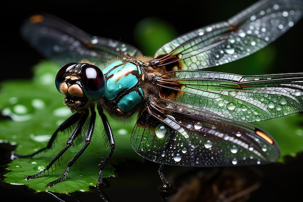 Foto libélula en primer plano rocío en las alas naturaleza radiante generativa ia