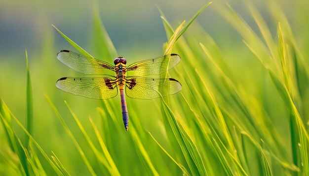 Foto una libélula se sienta en un campo de arroz con el sol detrás de ella