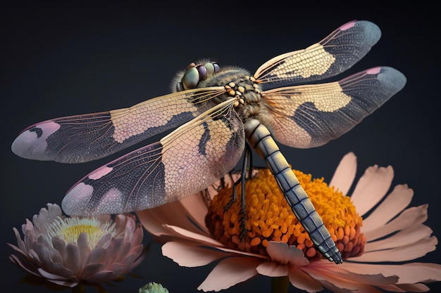 Una libélula se sienta en una flor con un fondo negro.