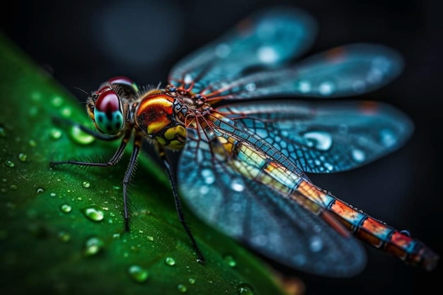 Una libélula se sienta en una hoja con gotas de agua.