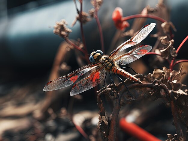 Foto libélula vermelha sentada nas plantas secas grande inseto abstrato colse up vista