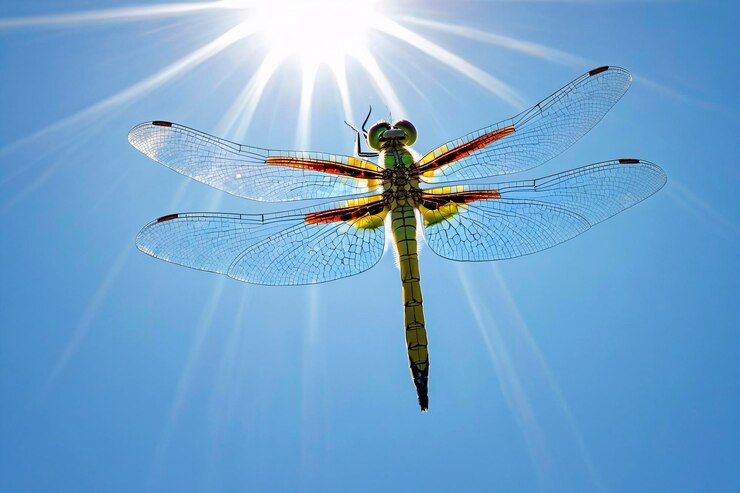 Una libélula volando en el cielo sus alas reflejando la luz del sol como vidrio
