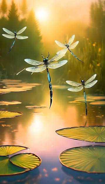 Libélulas dançando sobre Lily Ponds Papel de parede