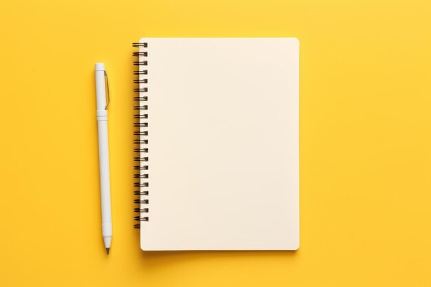 Liberando la creatividad Un elegante cuaderno y un bolígrafo sobre un vibrante fondo amarillo oscuro Un lienzo perfecto