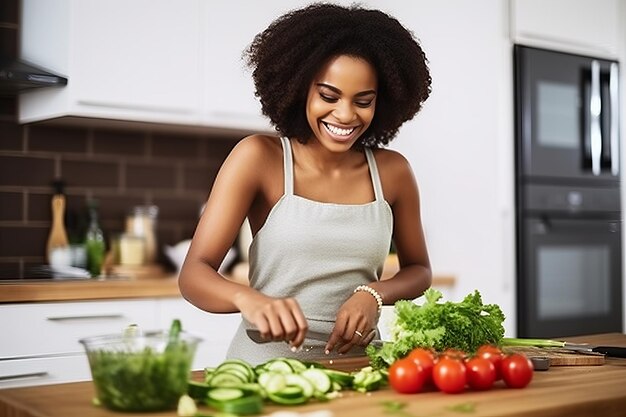 Liberando el placer de cocinar saludablemente, una vibrante ama de casa afroamericana adopta ingredientes orgánicos