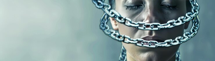 Liberarse de la trampa financiera Persona que lucha por escapar de las cadenas de la deuda con el espacio de copia Profundidad de campo