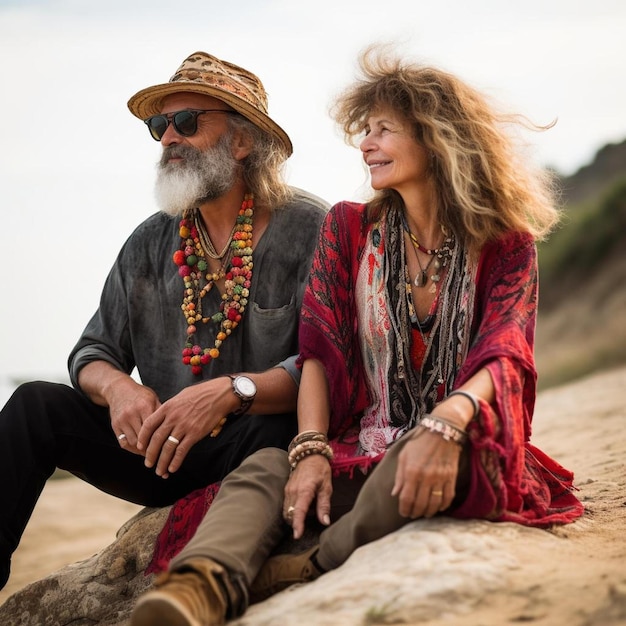 liberdade e hippies rebeldes homem e mulher idosos idosos anos descansar na praia e desfrutar da liberdade