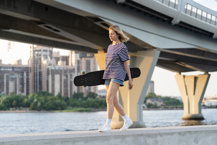 Foto libertad estilo de vida mujer de mediana edad a pie cerca del río mantenga longboard sobre la vista de la gran ciudad al atardecer