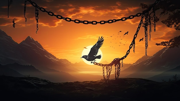 Libertad representada por pájaros volando y cadenas rotas contra el telón de fondo de la montaña al atardecer