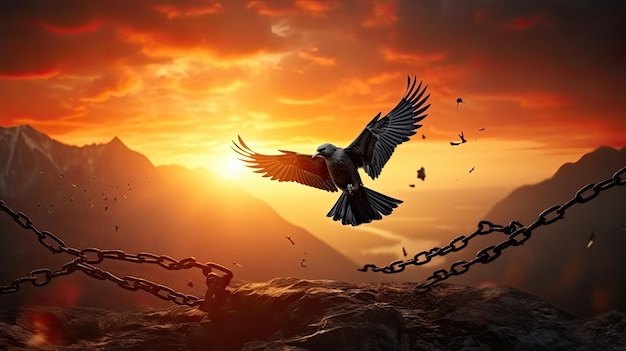 Libertad representada por pájaros volando y cadenas rotas contra el telón de fondo de la montaña al atardecer