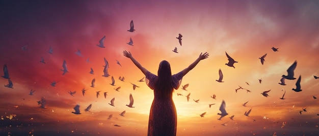 libertad y sentirse bien concepto copia espacio de silueta mujer levantando las manos en la puesta de sol cielo doble