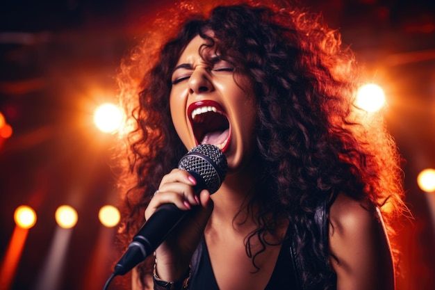 Foto liberte o carisma com esta imagem de uma cantora feroz dominando o palco do karaokê sua paixão ecoando através do microfone