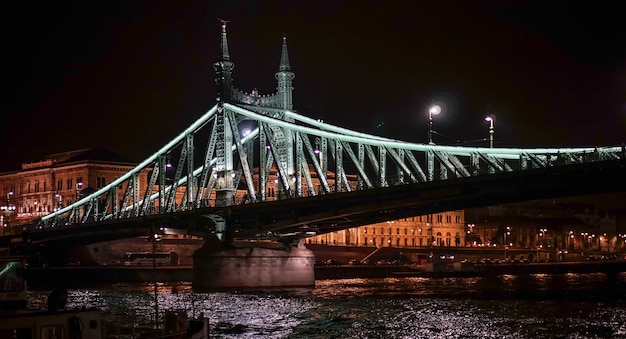 Liberty Bridge iluminado por la noche en Budapest