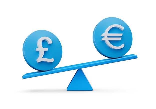 Libra branca 3d e símbolo do euro em ícones azuis arredondados com ilustração 3d da gangorra do peso do equilíbrio 3d