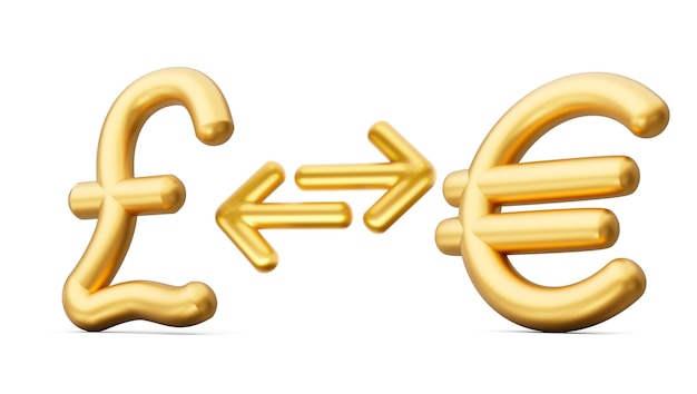 Libra dourada 3d e ícones do símbolo do euro com setas da troca de dinheiro na ilustração 3d do fundo branco