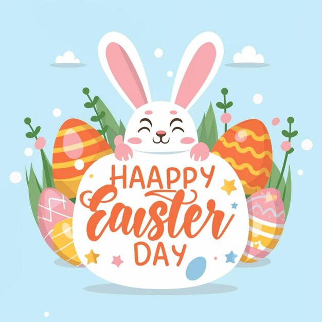 Libre vector feliz día de Pascua con diseño dibujado a mano y lindo conejo de Pascua color ardiente en blanco