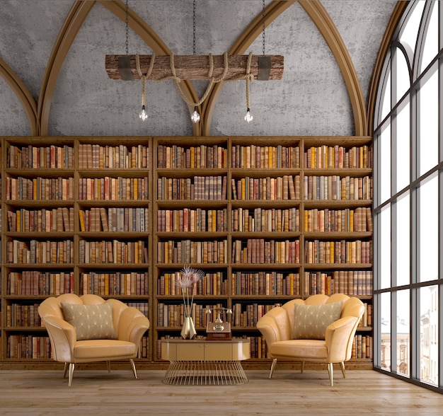 Librería antigua con sillón en biblioteca