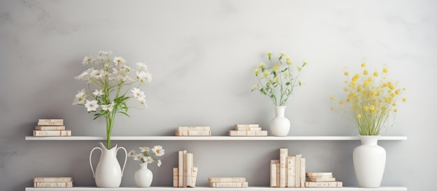 Librería blanca minimalista de estilo escandinavo con flores en maceta