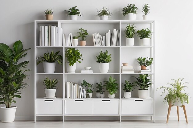 Librería blanca con plantas y carpetas sobre la pared