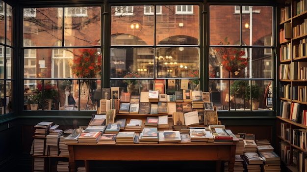 Foto una librería encantadora con carteles de venta de viernes negro de estilo vintage en la ventana