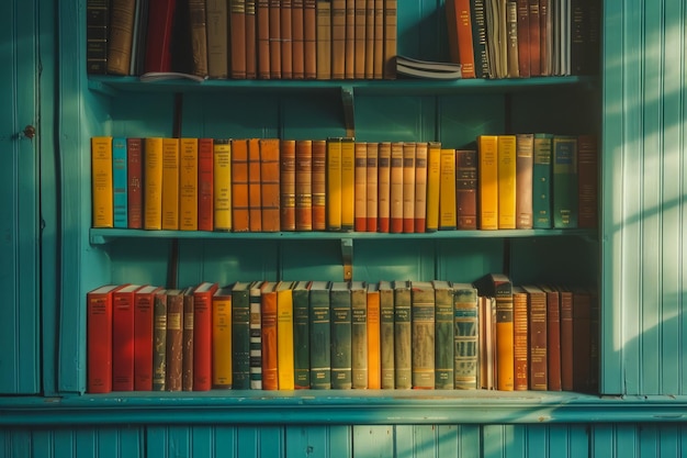 Librería de época con colección de libros de tapa dura bañados en una cálida luz