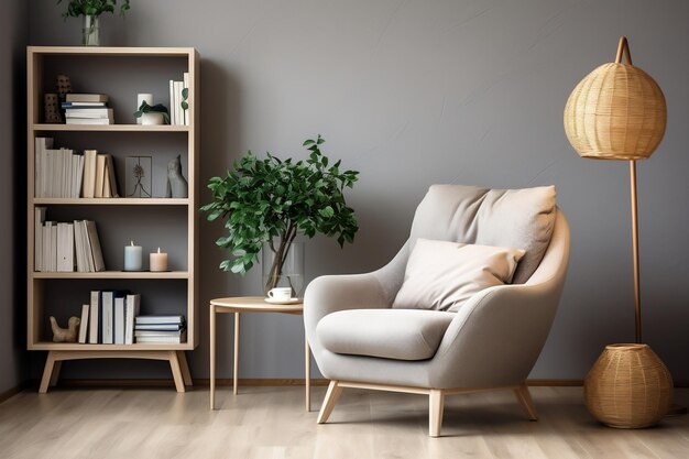 Librería escandinava con sillón en un interior moderno Ai generativo