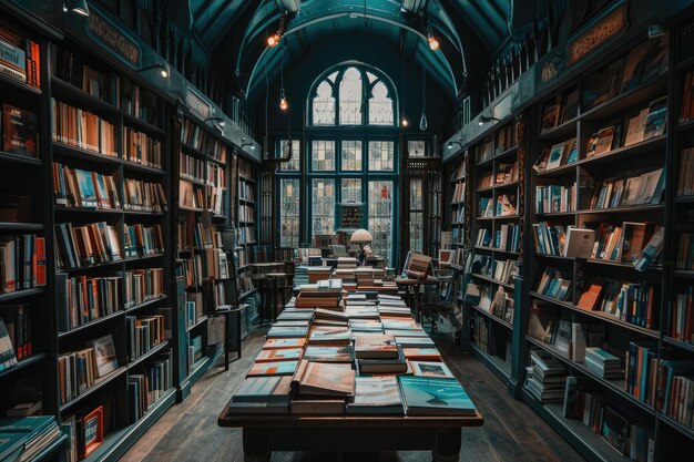 La librería con estantería llena de libros. Fotografía profesional.