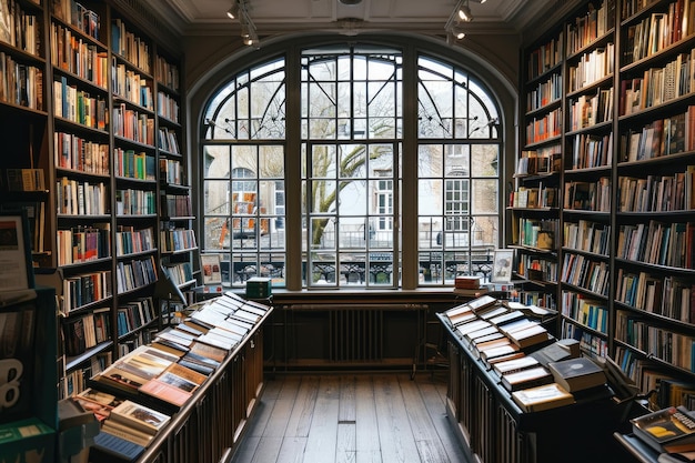 La librería con estantería llena de libros. Fotografía profesional.