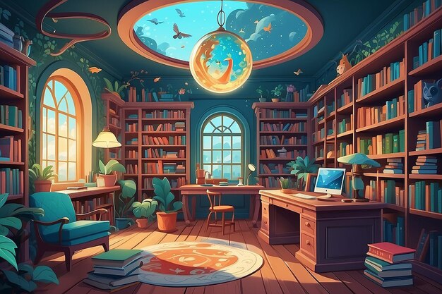 Librería de fantasía caprichosa Escena vectorial de la oficina en el hogar