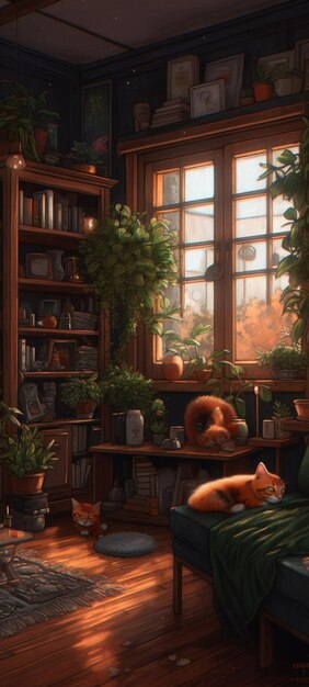 Una librería con un gato está rodeada de libros y un gato.