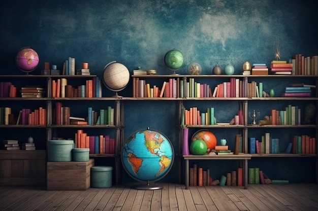 Una librería con un globo terráqueo encima