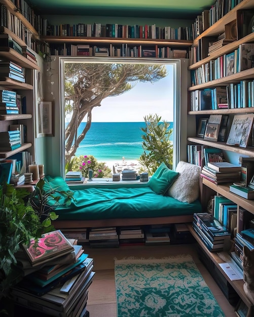 Una librería con libros y el océano al fondo.