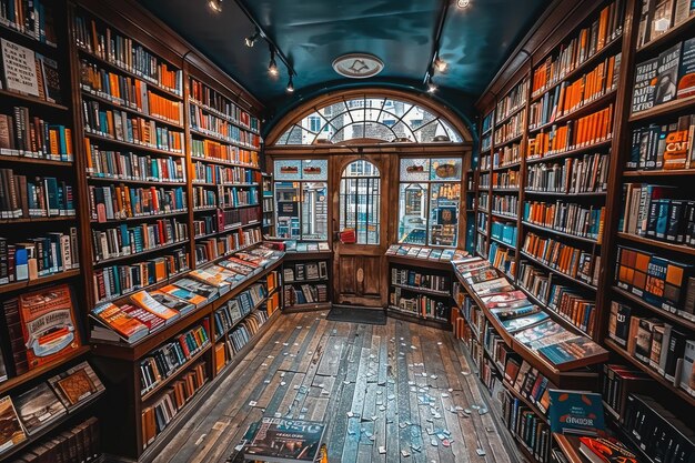 Una librería moderna con un ambiente acogedor y una fotografía profesional acogedora