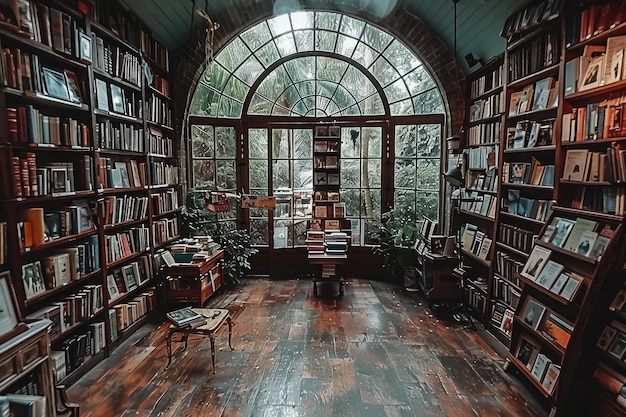 Una librería moderna con un ambiente acogedor y una fotografía profesional acogedora