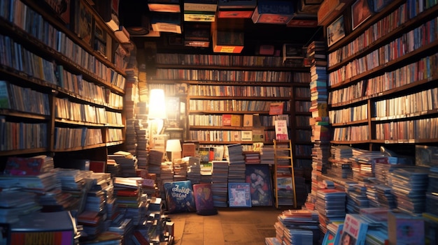 Foto una librería con muchos libros en los estantes.