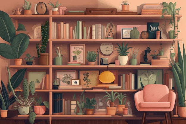 Una librería con una planta y una silla rosa con un reloj en la pared.