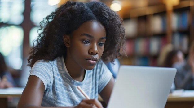 Foto librería universitaria niña negra dotada utiliza la computadora portátil escribe notas para el estudio de ensayo de papel para la asignación de clase