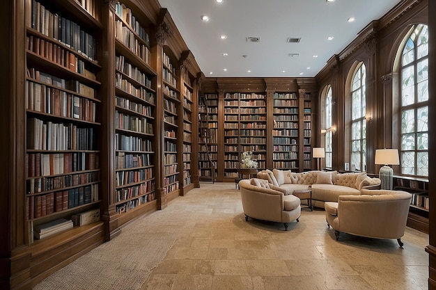 Foto librerías en la biblioteca gran estantería con muchos libros sofá en la habitación para leer libros biblioteca o tienda con estanterías