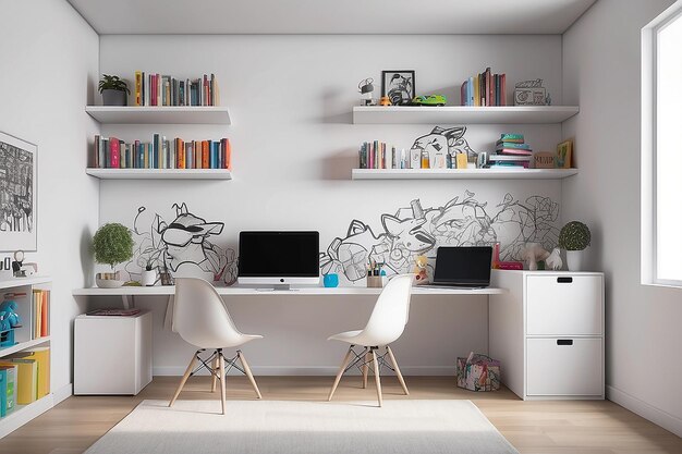 Foto librerías con temática blanca, escritorio y pared blanca en blanco para graffiti digital